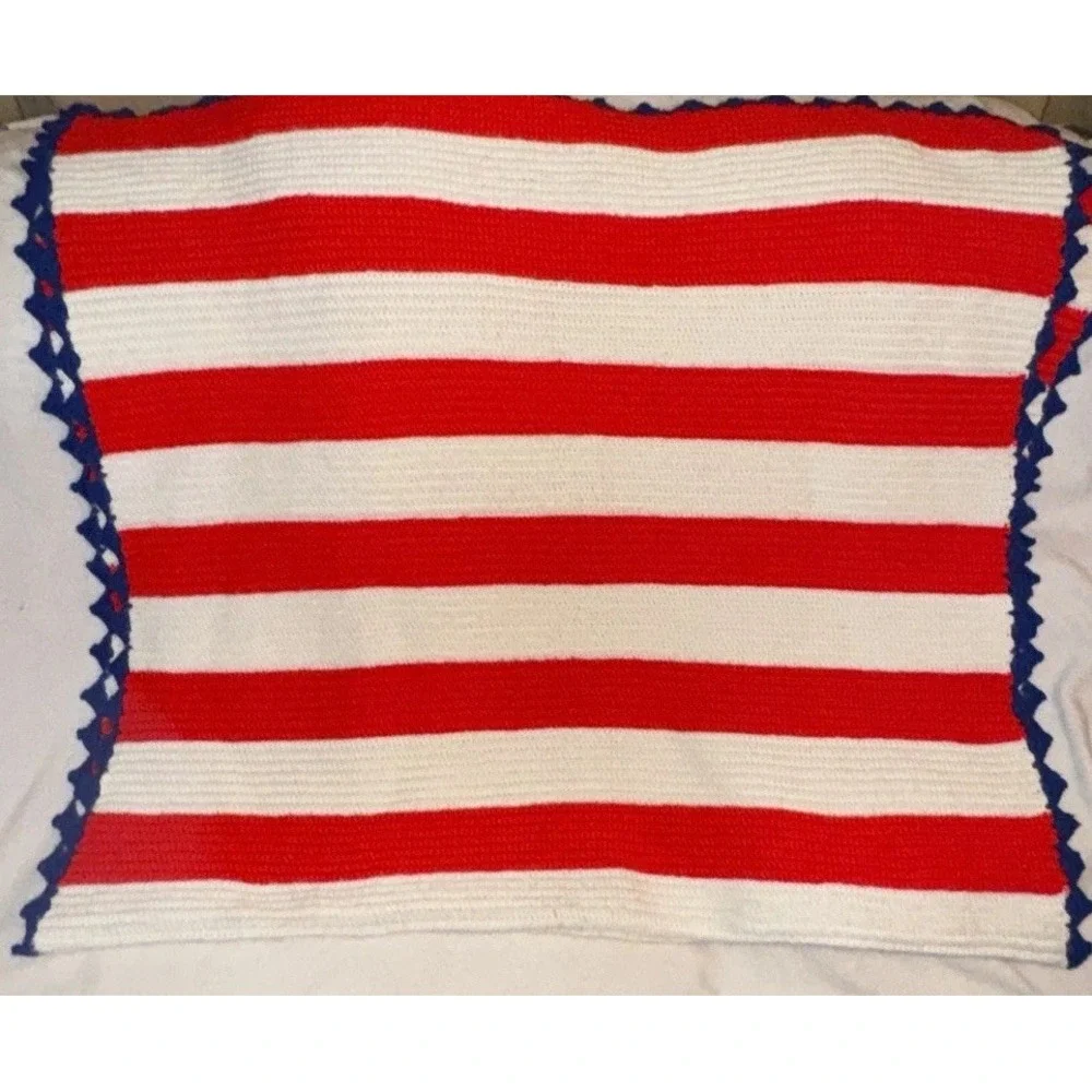 Handmade Crochet Afghan Blanket Red White Blue Patriotic Grannycore USA 42 X 76